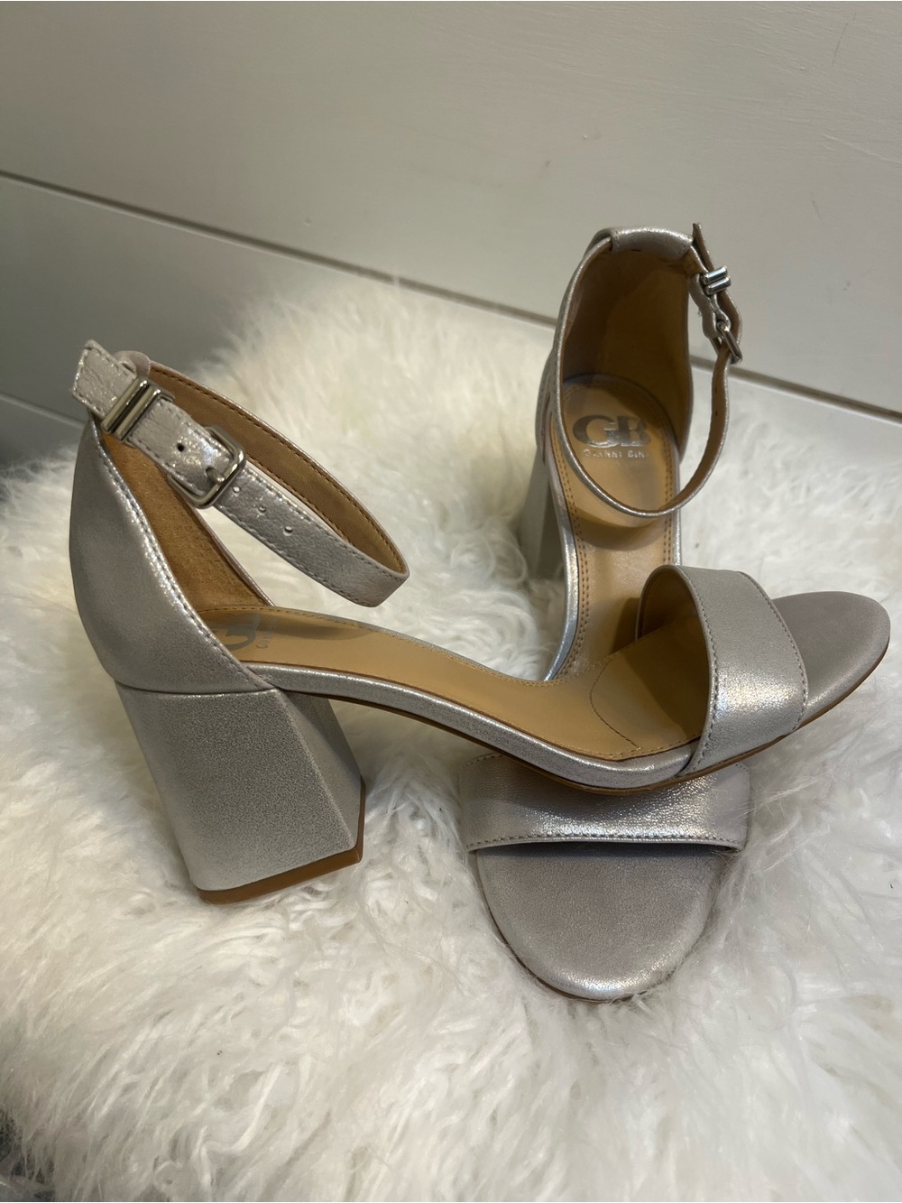Gianni Bini Silver Metallic Block Heel Sandals with Ankle Strap